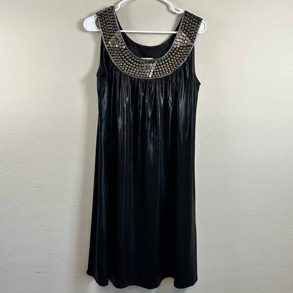 Vintage Lucca Black Stretch Shift Dress Large Metallic Disc Collar Y2K Party